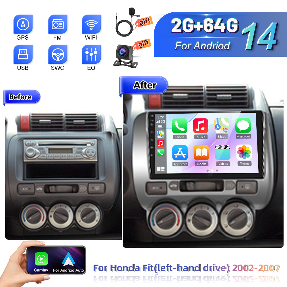 Image of 14 Car Stereo For Fit (left-hand Drive) 2002-2007 Featuring 2+64g, & Auto, A 9-inch Touchscreen, Wifi, Dsp, Fm/rds Radio, Steering Wheel Control, Ahd Rear View Camera, Car Frame, And Microphone