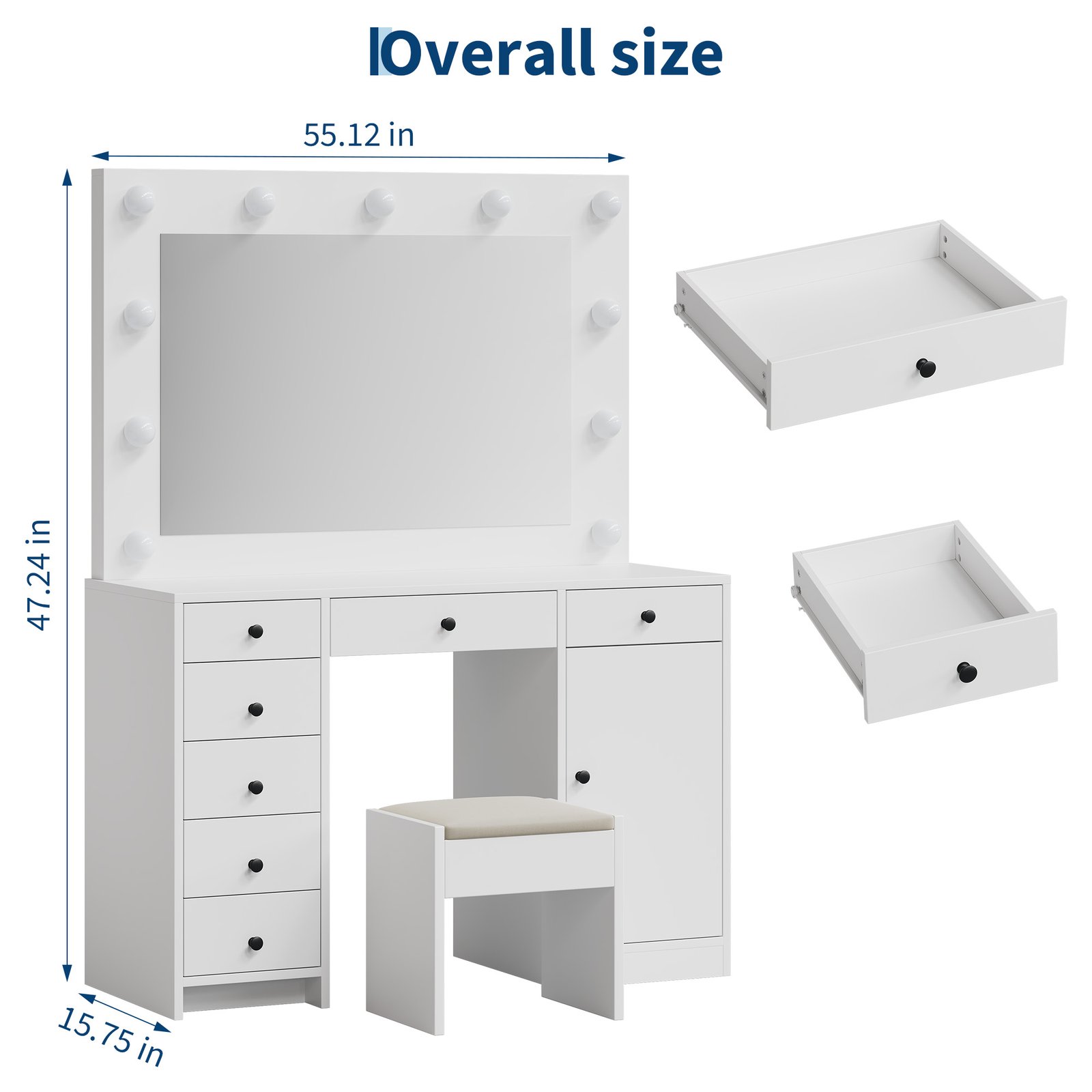 White Makeup Vanity With Mirror, Vanity Desk With 7 Storage Drawers And 1 Cabinet. Large Table Top, Space Saving, Home Organizer.
