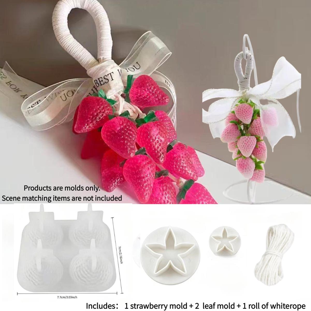 TEMU 4pcs Set = 1pc 4-link 3d Strawberry Soap Silicone Mold And 2pcs Star-shaped Press Molds And 1 Roll White Rope, 4-link Aromatherapy Candle
