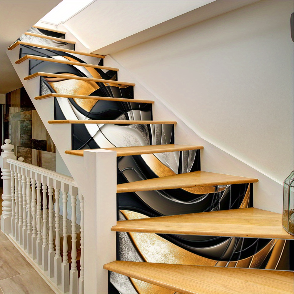 13pcs Abstract Black, Golden & White Fluid Design Stair Stickers - Self-Adhesive PVC Home Decor Murals for Living Room, Staircase, and Interior Design, 100.0cmLx17.98cmW, Modern Wall Art Decor|Abstract Wall Art|Easy Installation Decor, Stair Decorations