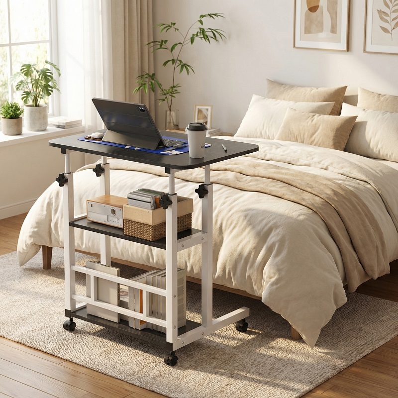 Woraum Side Table, Computer Desk With Wheels And Shelf, Height Adjustable