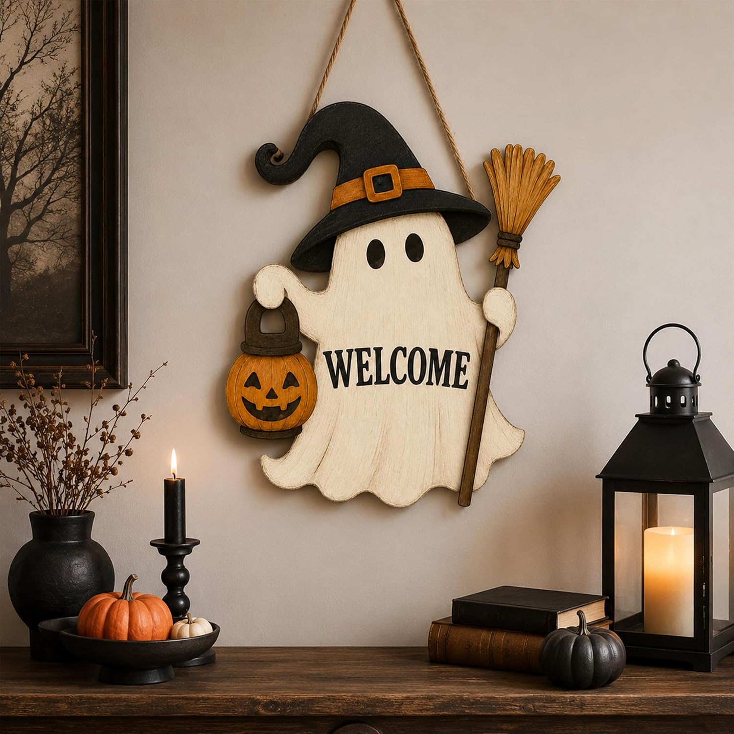 TEMU 2d Flat, Cute Welcome Sign, Cute Wearing Hat, Holding Jack-o'-lantern And Broom, Printed With Welcome Text, Halloween Wooden Decorative Plaque,