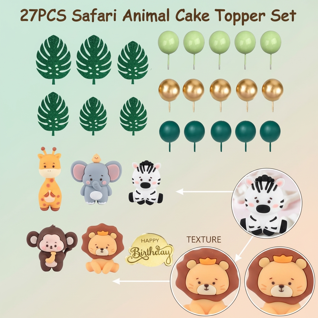 TEMU 27 pezzi Topper per Torta Animali , Decorazioni a Tema con Foglie di Palma e Palline Tonde per Feste di Compleanno a Tema e Articoli per Baby