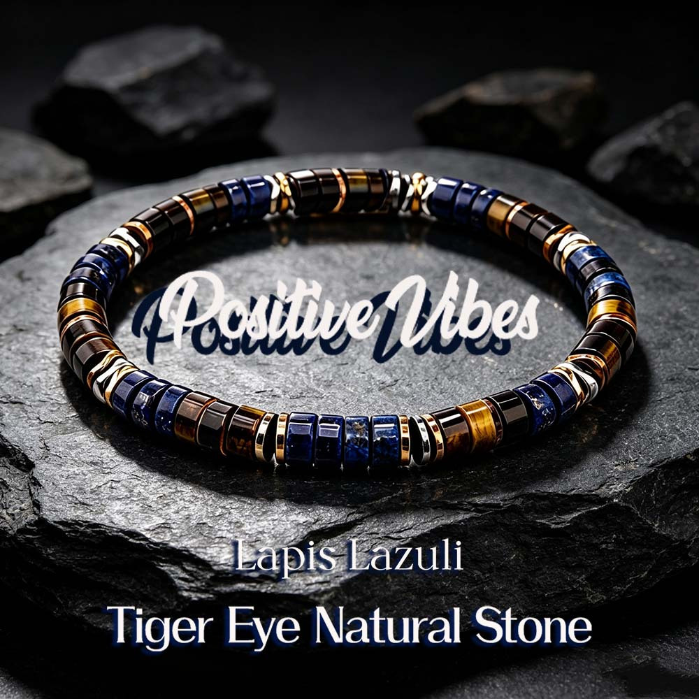 TEMU 1pc Elastic Flat Disc Heishi Bracelet, Mixed Tiger Eye Stone & Metal Spacers, Unisex Handmade Wrist Accessory, Suitable For Daily Wear & Holiday