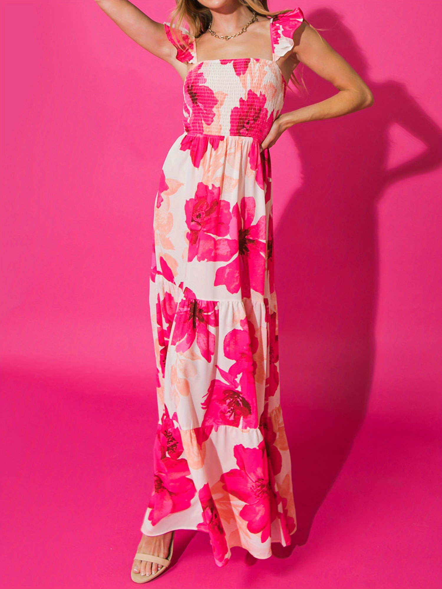strappy flowy maxi dress Women Maxi Dress, Elastic Waist Flowy Long Ankle Length Short Sleeve Pockets Boho Spring Summer Cute 2XL / White
