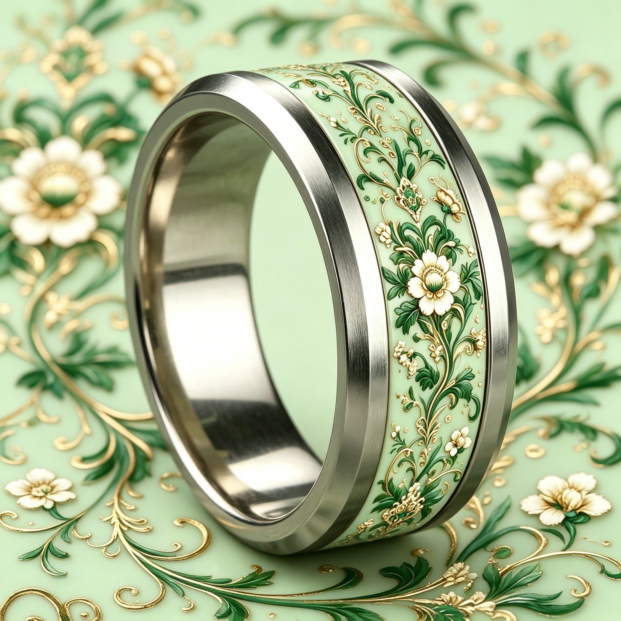 Light Blue Titanium Stainless Steel Ring with Floral Motifs