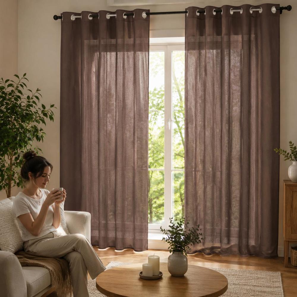 Image of 2-pack Brown Sheer Curtains With Grommets 140x300cm Semi-transparent Polyester Window Panels Lightweight And Breathable For Living Room Bedroom Balcony Decor