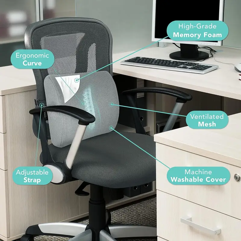 ergonomic lumbar support pillow with posture back cushion for office chair car seat gaming desk with adjustable strap lightweight portable for or gray lumbar cushion home seating durable construction remote workers Product details 2