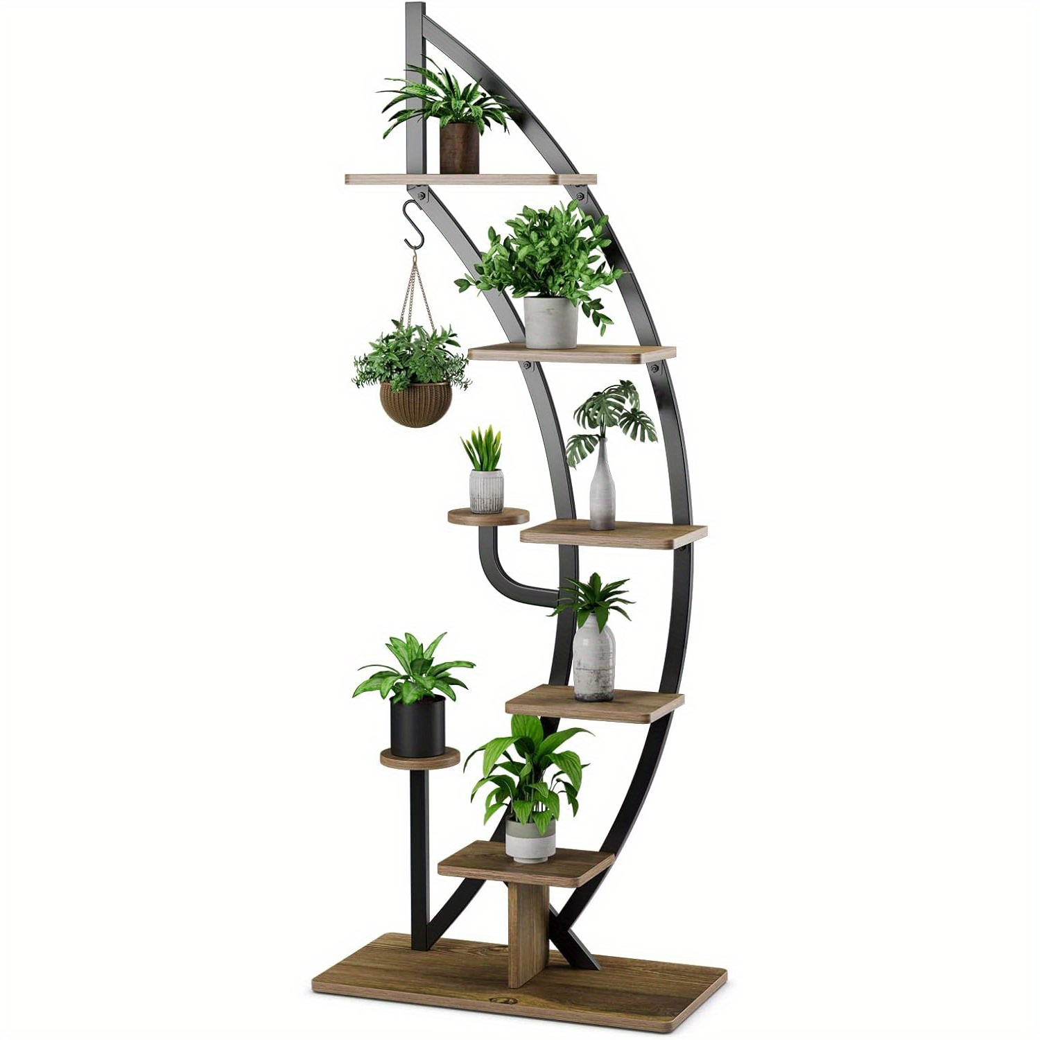 Metal Plant Display Rack, Featuring A Curved Half-moon Ladder Design With A Top Hook For Hanging