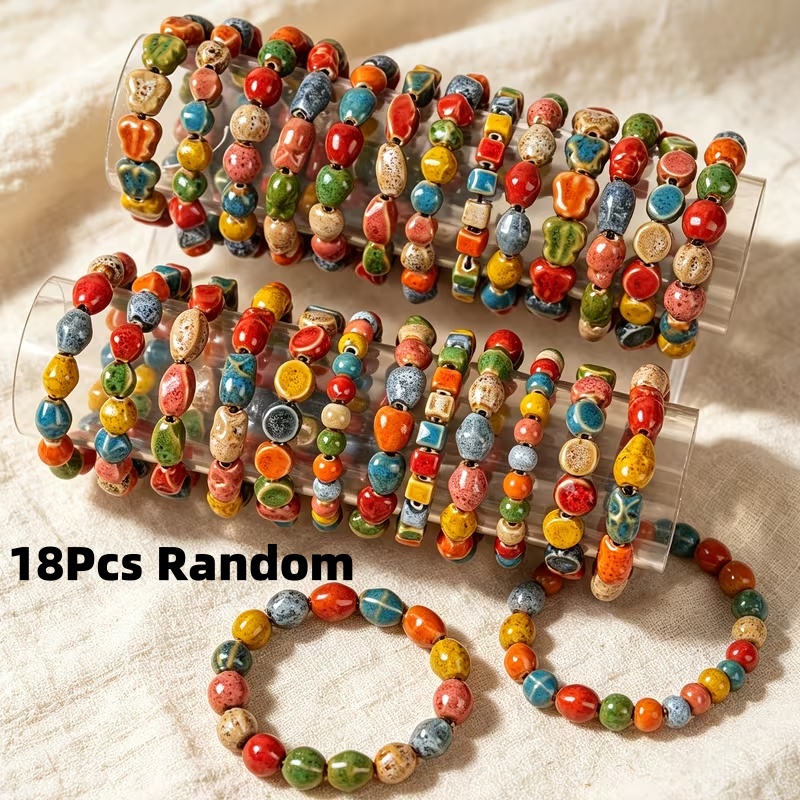 Image of 18pcs Y2k Retro Chinese Ceramic Bead Bracelets - 18pcs Suitable For , Non-metallic Beads, Random Styles For Daily Wear, Party, Vacation Gifts, Wearable For And