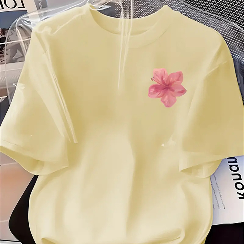 T-shirt décontracté à manches courtes et imprimé floral pour femmes - Col rond, polyester léger, blanc avec un design de cerisier rose, parfait pour le printemps/été/automne, vêtements décontractés|Haut tendance pour femmes|Texture brillante
