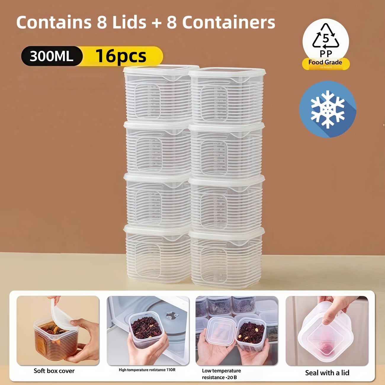 TEMU 16pcs Set: 8 Lids + 8 Containers, Transparent Freezer Soup Containers For Refrigerator, Microwave-safe, High-temperature Resistant Fresh-keeping