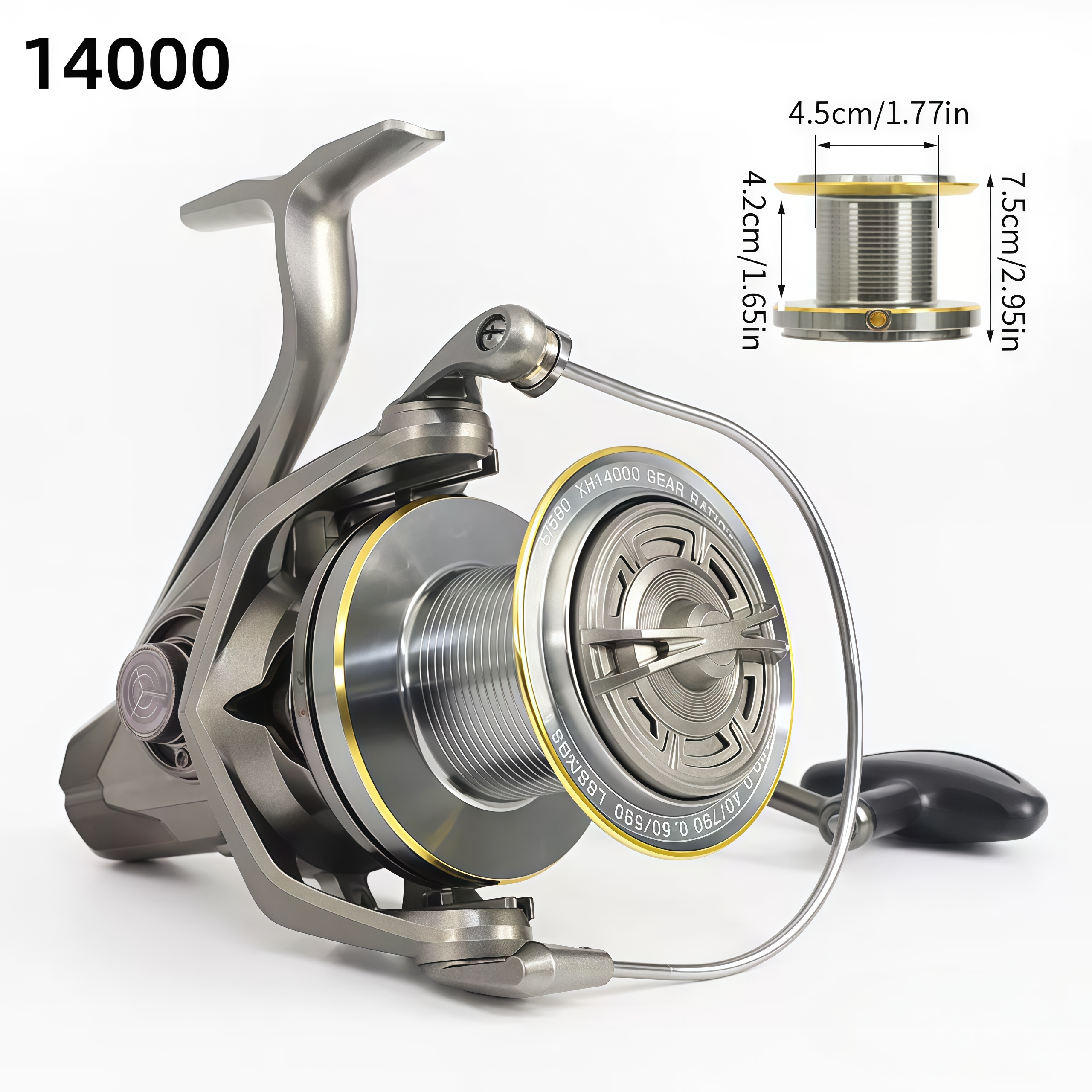 TEMU Visserij Aluminiumlegering Vis Scroll Roterende Viswiel 8000/1000/14000, 4.8:1 Overbrengingsverhouding, 25KG Zware Lange Werpmogelijkheid Oceaan
