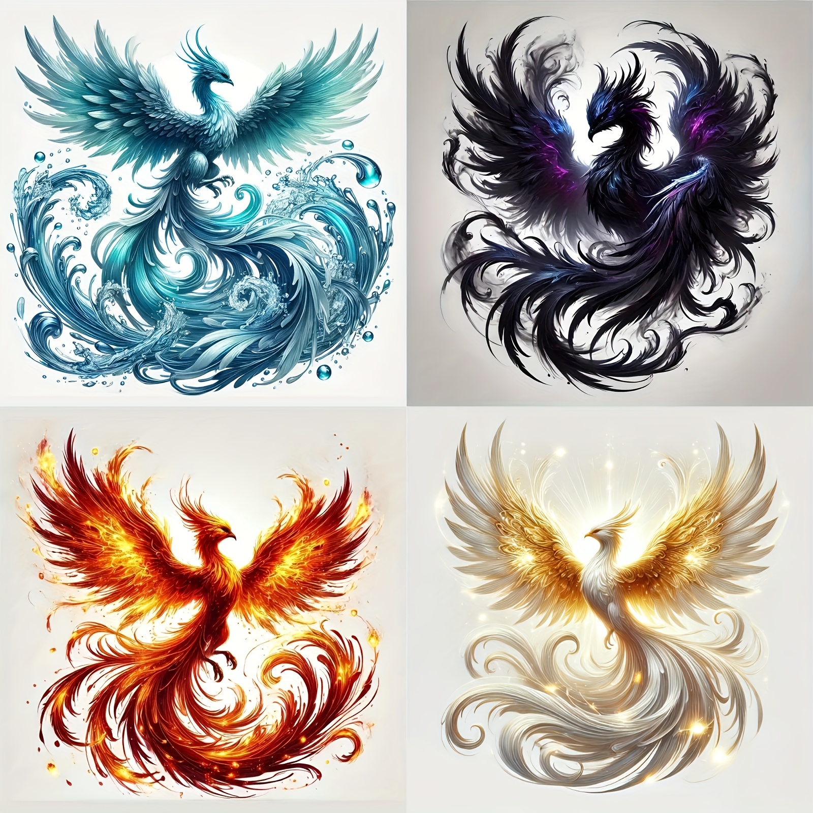 4-pack Mythical Phoenix Vinyl Stickers - Bird Decals With Blue/teal, Red/orange, , Golden/ Schemes - High Quality, Scratch-resistant, Removable Adhesive For Cars, Laptops, Windows, Bottles