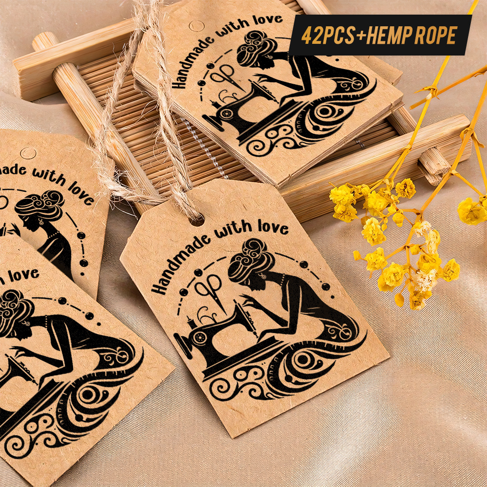 E-shop 42 Stück handgemachte braune Kraftpapier-Anhänger mit Jute – Näh-Themen mit Damen- Nähmaschinen-Motiven, handgemachte Bastel-Etiketten für