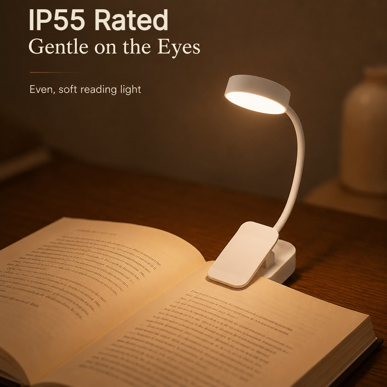 Battery Powered Clip-On Reading Light, IP55 Rated Compact LED Book Lamp