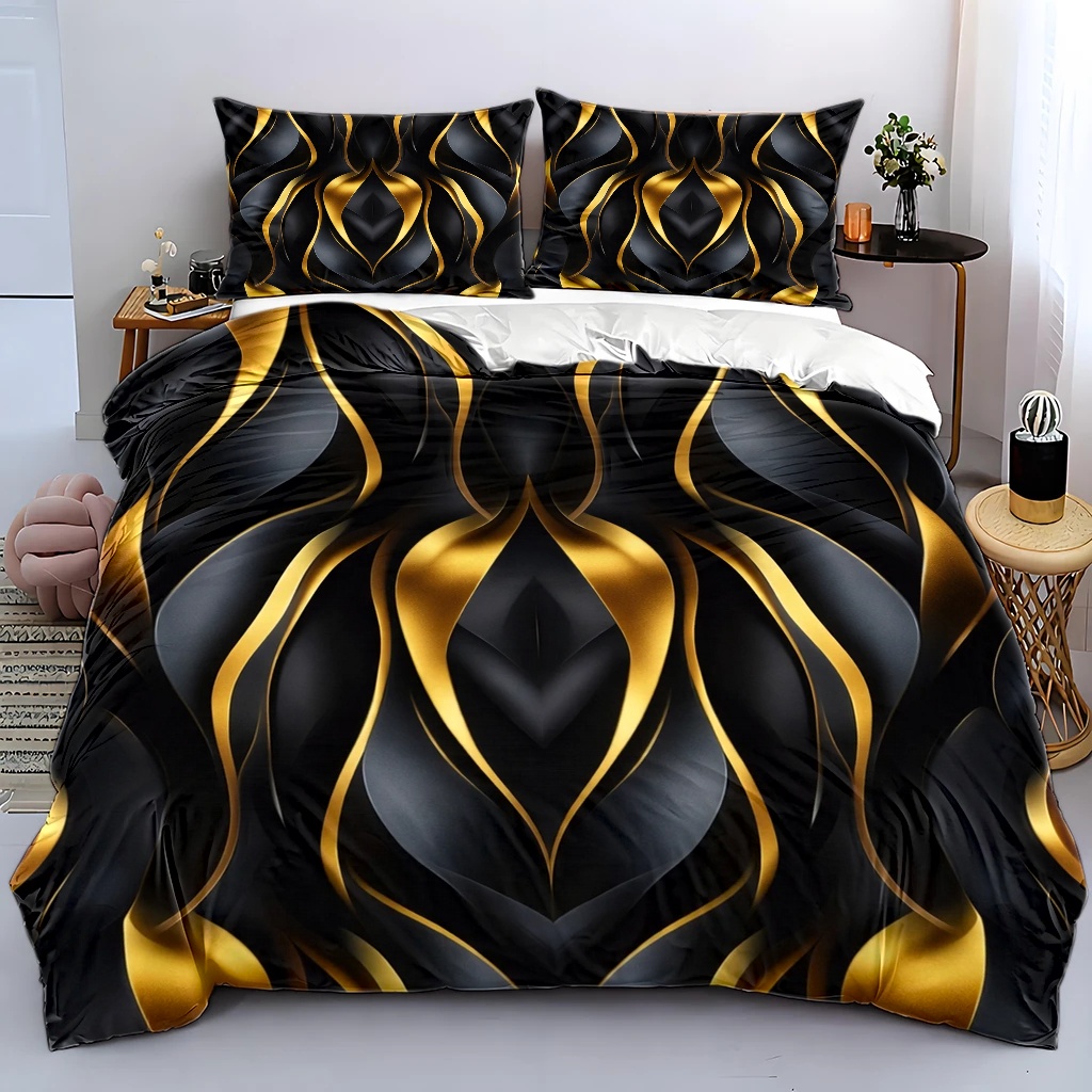 TEMU 3pcs Black & Luxury Three-dimensional Ripple Duvet Cover Set, Bedding 3pcs Set (1*duvet Cover   2*pillowcases), Suitable For , Machine Washable,