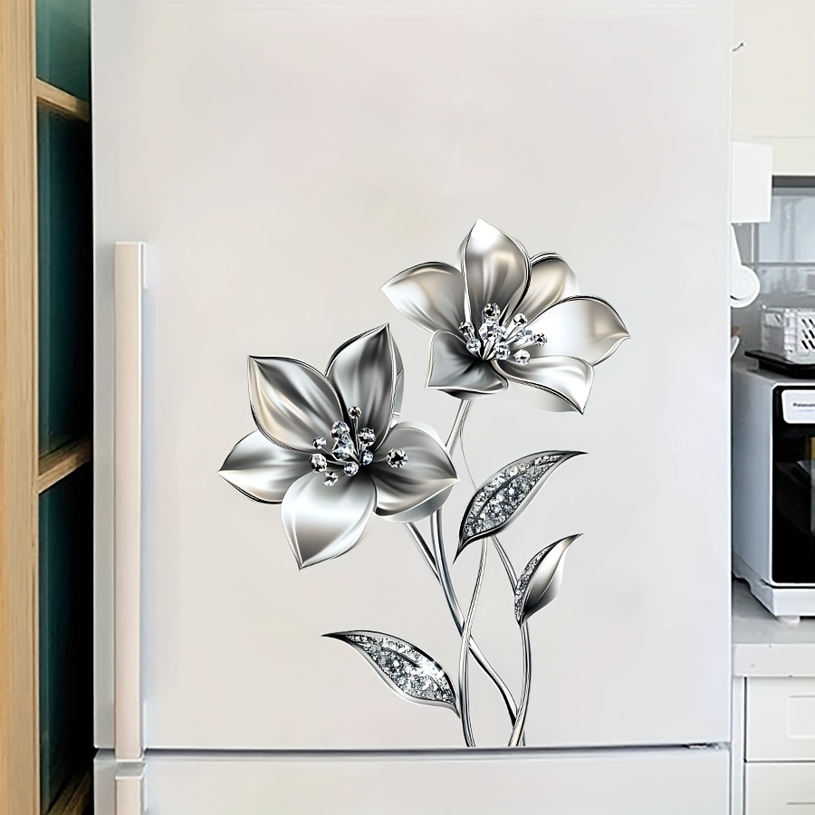 1pc Silvery Lily Wall Stickers Self-adhesive Luxury Shiny Decal For Kitchen Fridge& Cabinet