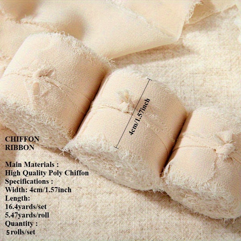 TEMU Nastro in Chiffon Beige da 5 Rotoli - Lunghezza Totale Extra Lunga 984,25 Pollici per Rotolo, 590,55 Pollici per Rotolo - Tessuto Antipiega, per
