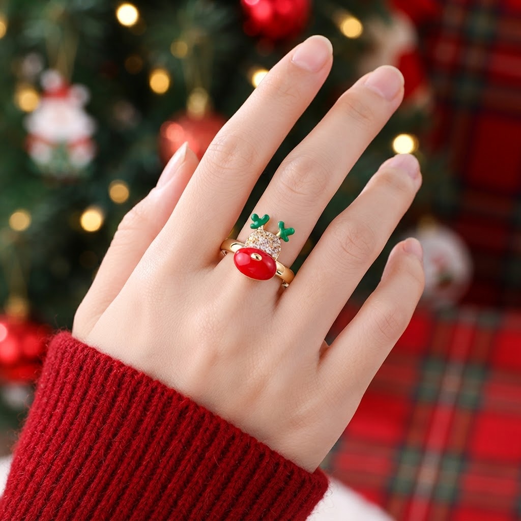 Red-Nosed Reindeer Synthetic Zirconia Open Ring, Copper