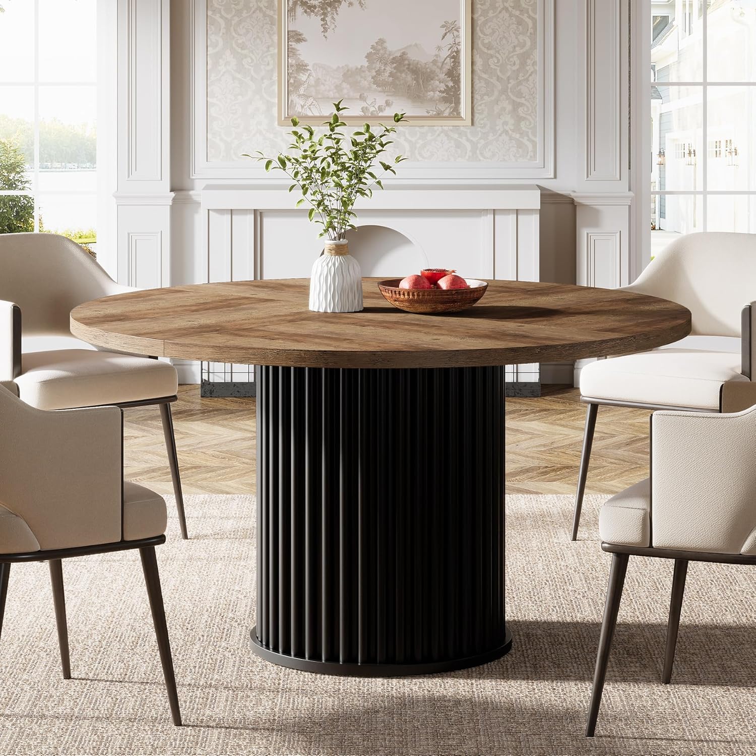 TEMU Table Ronde Noire de 47,24 pouces pour 4 à 6 Personnes | MDF Fluté Moderne + Base en Métal, Meuble de Salle à Manger Rond et Robuste, Marron +