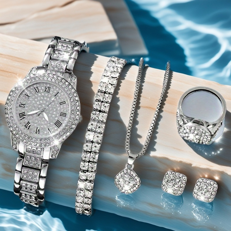 TEMU 6pcs/ Set Gorgeous Fashionable Silvery Quartz Watch, Jewelry Set Valentine's Day, Easter, Ramadan, Wedding, Birthday Party, Christmas Horror, Halloween, Give Gifts