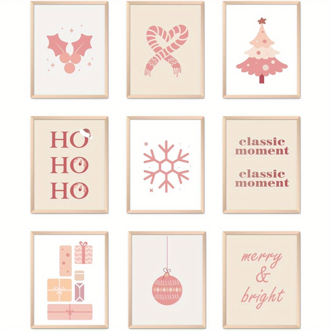 TEMU 9pcs Frameless Christmas Bohemian Wall Art Print Christmas Tree Snowflake Paper Art Poster Pink Decorative Aesthetic Wall Decoration Party