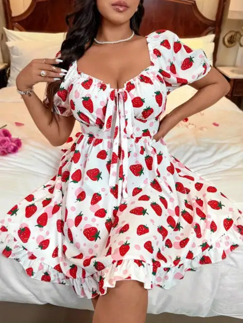 Plus Size - Plus Size - Plus Size Women'S Elegant Short-Sleeve Strawberry Print Dress for Summer Valentine'S Day * Plus Size - Plus Size - Plus Size Women'S Elegant Short-Sleeve Strawberry Print Dress for Summer Valentine'S Day *