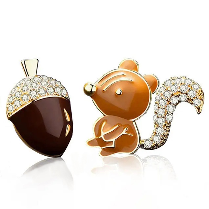 Image of Cute Inlay Synthetic Zirconia Squirrels And Pine Cones Stud Earrings, Exquisite Enamel Animal Earrings, For Women Casual Vacation Fashion Cartoon Earrings, Jewelry Gift