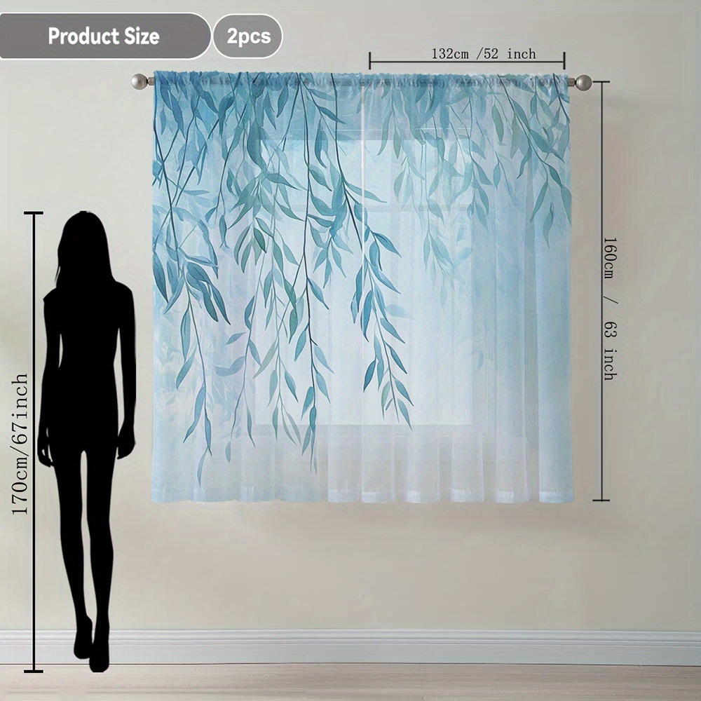 TEMU 2pcs Light Branch Print Window Curtains - Fresh And Elegant Style With Rod Pocket, Polyester Fabric, Kitchen, Coffee Shop, Living Room, Balcony,