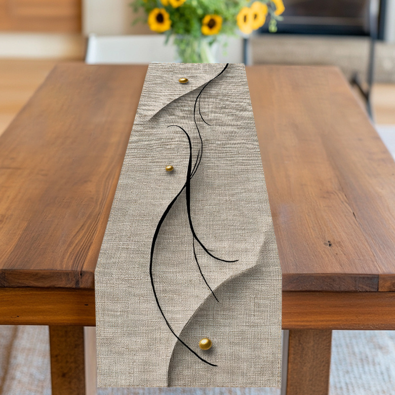 TEMU 1pc 2d Flat Printing Table Flag Cloth For Home, Kitchen, Restaurant, Tableware And Office Decor, Elegant Black - Line And Golden - Bead Pattern,