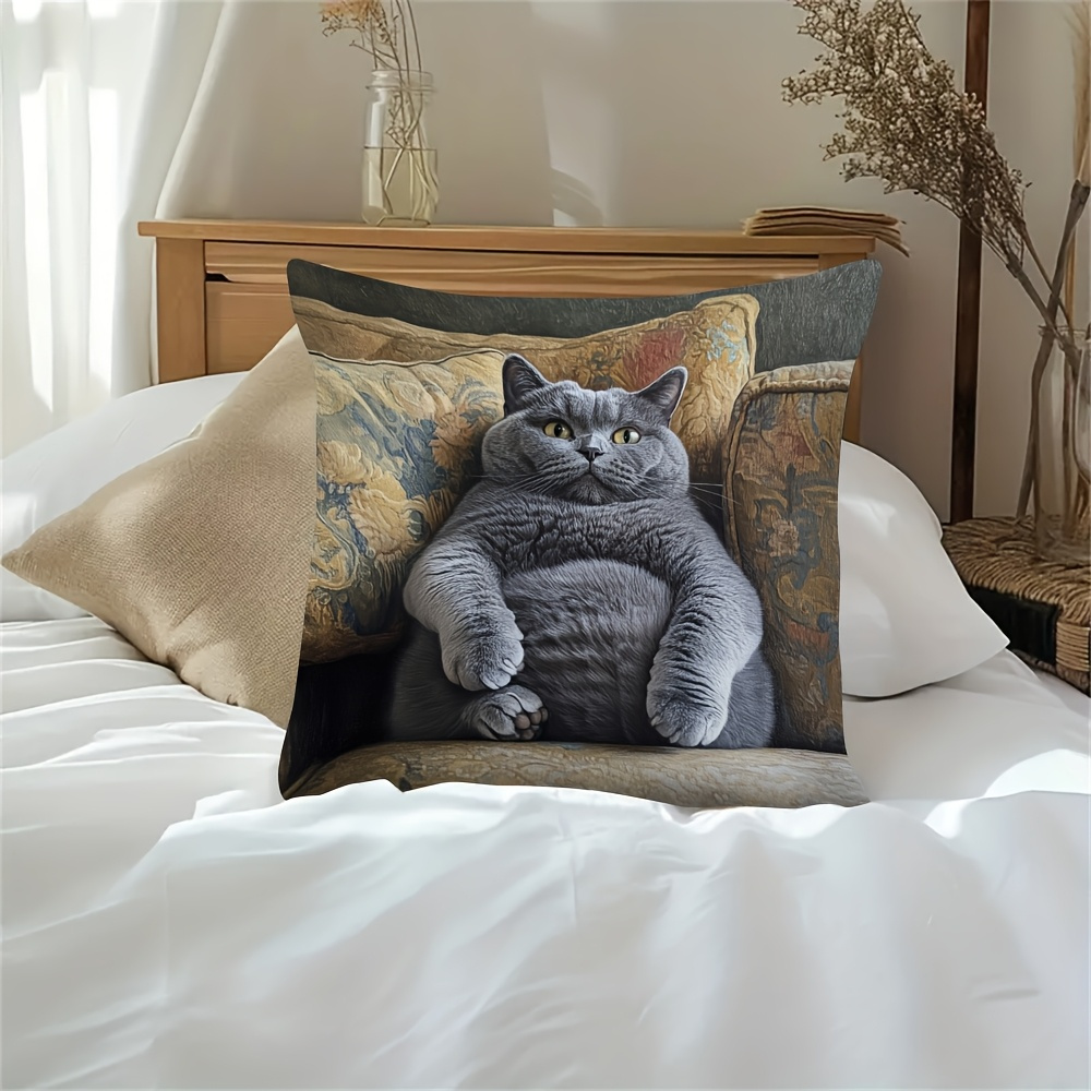 1pc british shorthair cat cushion cover gray dual sided printed pillow case with zipper closure soft decorative pillowcase for sofa living room bedroom   home decor gift vintage aesthetic   fabric interior design fans Product details 2