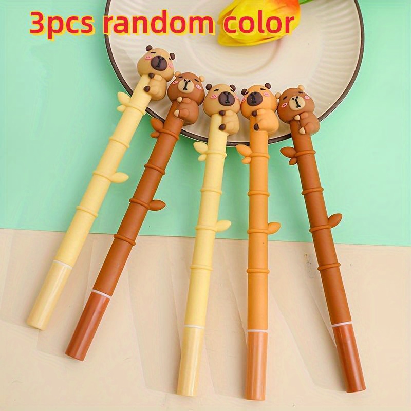 Image of 3pcs Random Color Capybara Water Rat Pen - Smooth Writing Signature Pen, Multiple Colors, Brown Capybara Design - For Office Supplies, Stationery