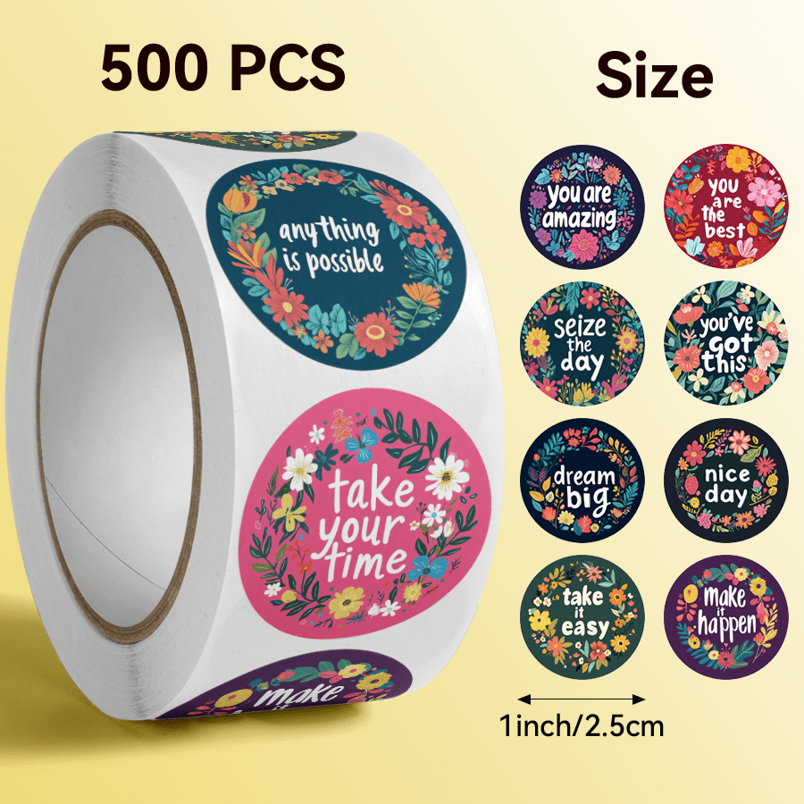 500pcs Per Roll; Round Stickers Featuring Floral Designs And Uplifting Quotes Such As " , " " , " And " . " With , Soothing Aesthetic, Are Perfect For Diy Projects