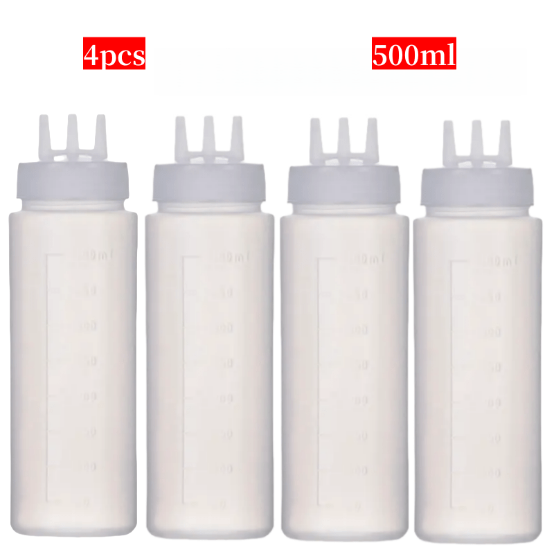 4pcs Dressing Squeeze Bottle 3-hole Sauce Squeeze Bottle, Dressing Squeeze Bottle, 300/400/500/650ml Salad Dressing Dispenser, Ketchup , Dressing Bottle Festival Party Tomato Sauce Squeeze Bottle
