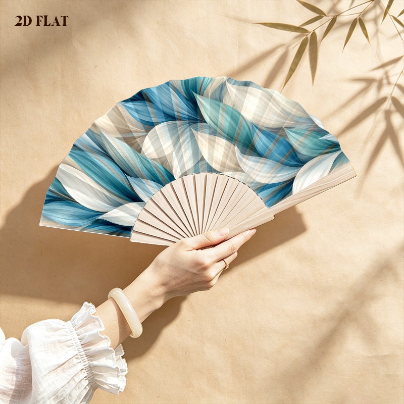 천연목 백단향 뼈대 부채 1개 - 추상적인 청백색 잎사귀 & 깃털 패턴, 가정 장식, 천장 매달기 장식품, 우아한 전시용품 & 휴일 선물용, 공기 순환 및 장식용 소재