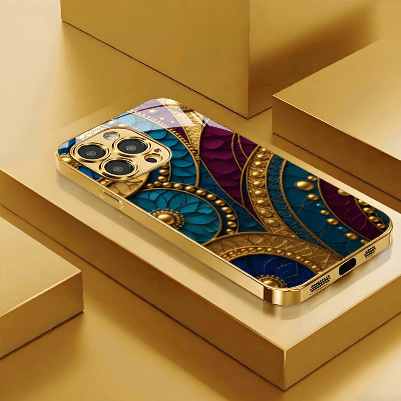 TEMU Phone Case - And Blue Embossed Floral Pattern High-value Luxury High-end Glass Case For Iphone 17 Pro Max/17 Pro/17/17air/16/16 Pro/16 Plus/16