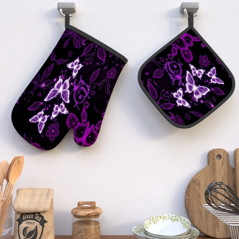 

2pcs Woven Polyester Oven Mitts, Heat-resistant Potholders, Purple Glowing , Machine Washable, For Grilling, Cooking, Baking, Broiling, Microwaving - And Decorative