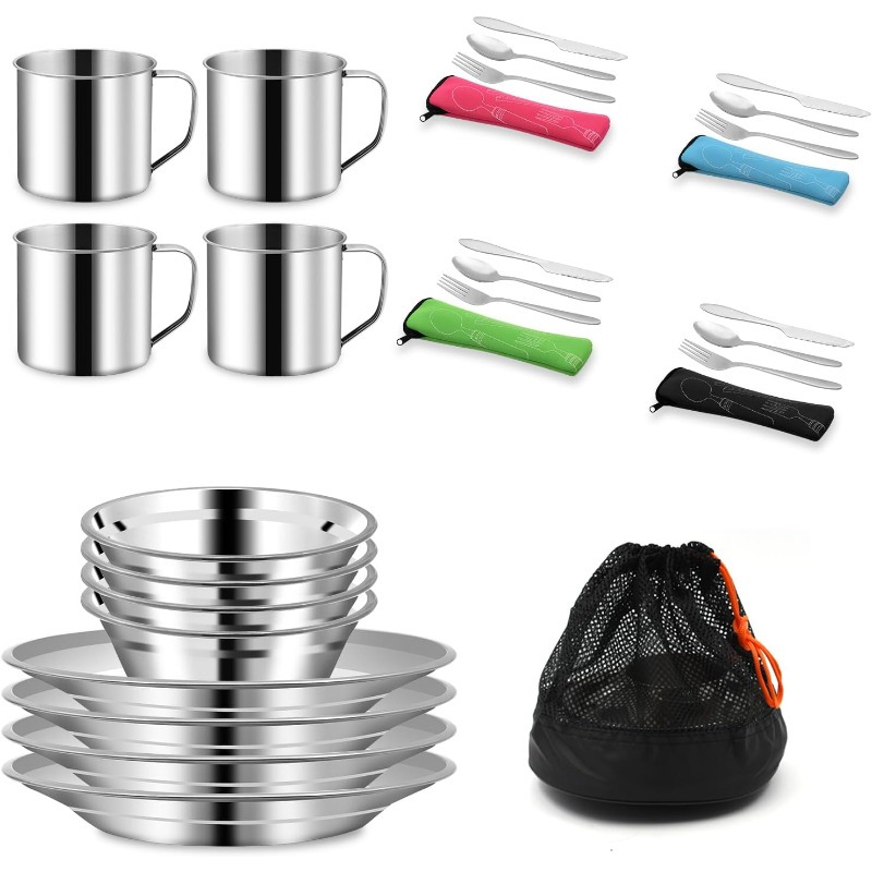 29pcs Stainless Steel Plate, Bowl, And Basin Set, Complete Assembled Camping Cookware And Dishes
