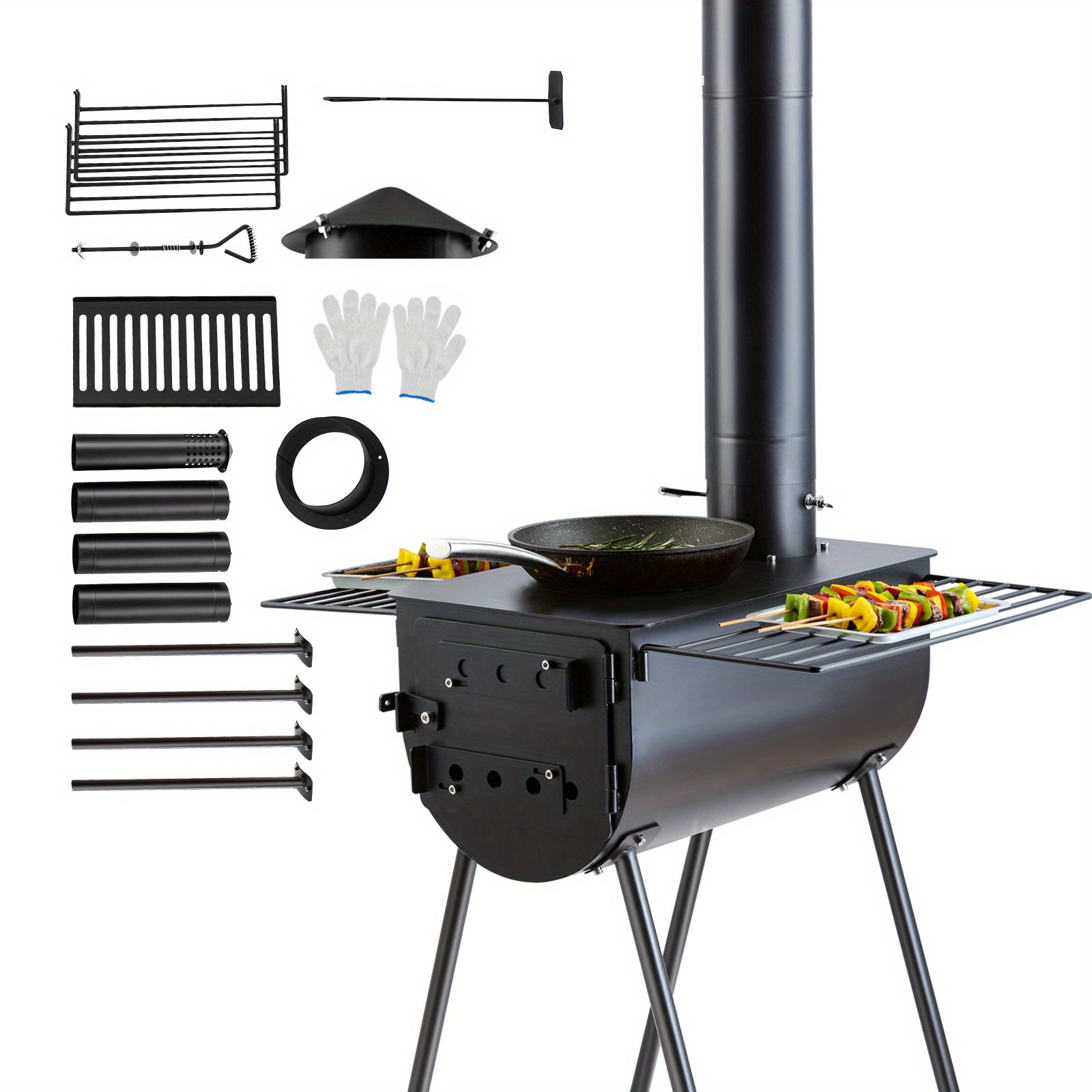 TEMU Vevor Alloy Steel Wood Stove, 118 Inch Portable Camping Tent Stove With Chimney Pipes & Gloves, 3000in³ Hot Tent Stove For Outdoor Cooking And Heating, 8 Pipes Included