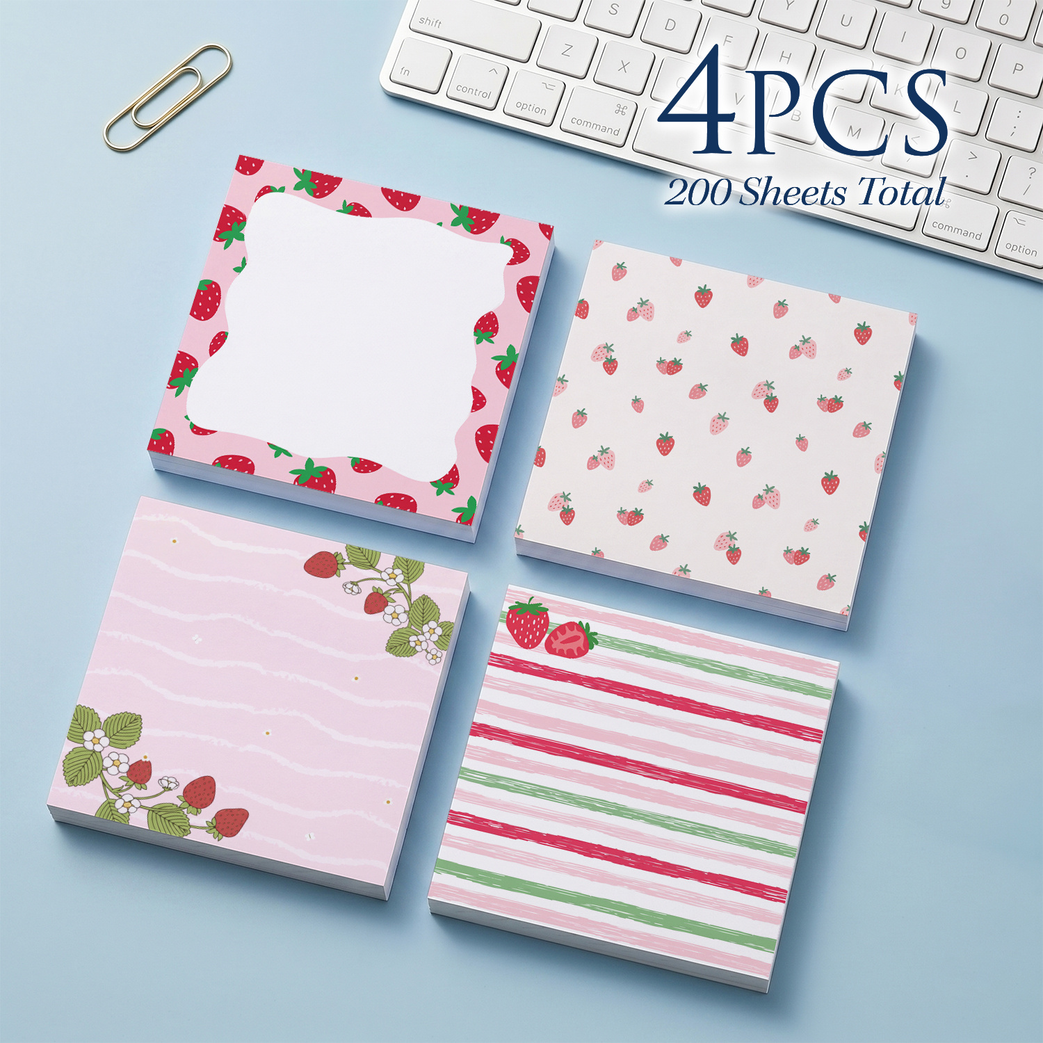 TEMU 4pcs (200 Sheets/suite) Strawberry Sticky Notes - Cute Fruit-themed Memo Pads With Strawberry Pattern Suitable For School, Office,, Planners,