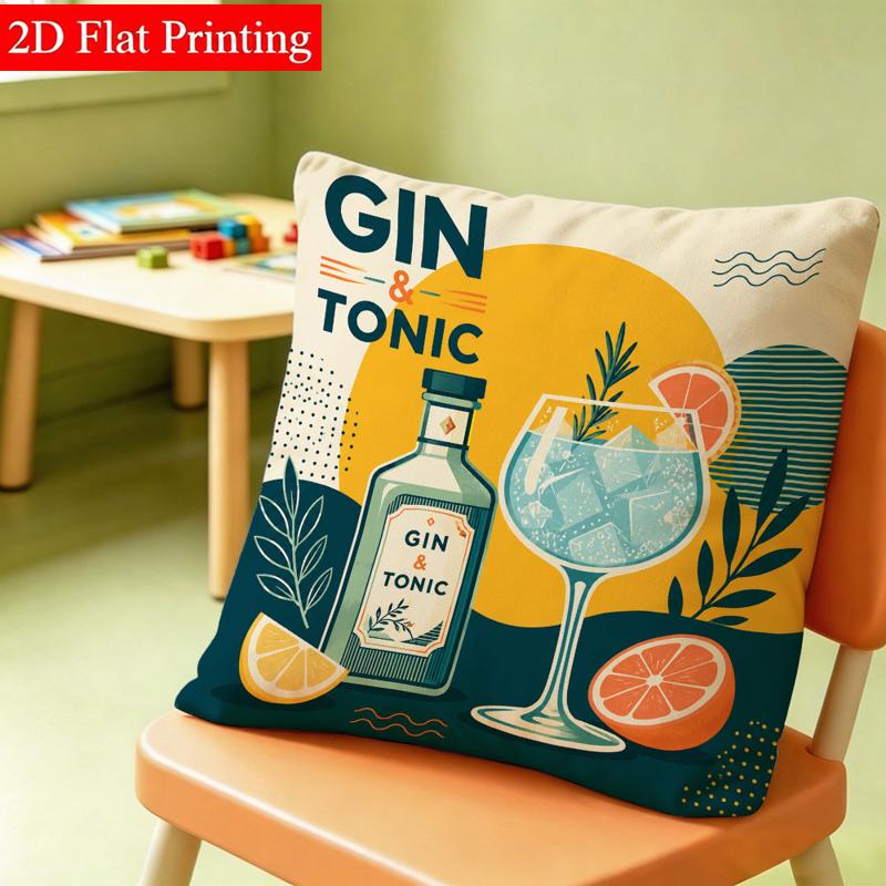 TEMU Retro Gin And Tonic Printed Pillowcase, 45x45 Double-sided Printing, Vibrant Style, For Decor, Fits Orange Chair And Light Wood Table Scenes,
