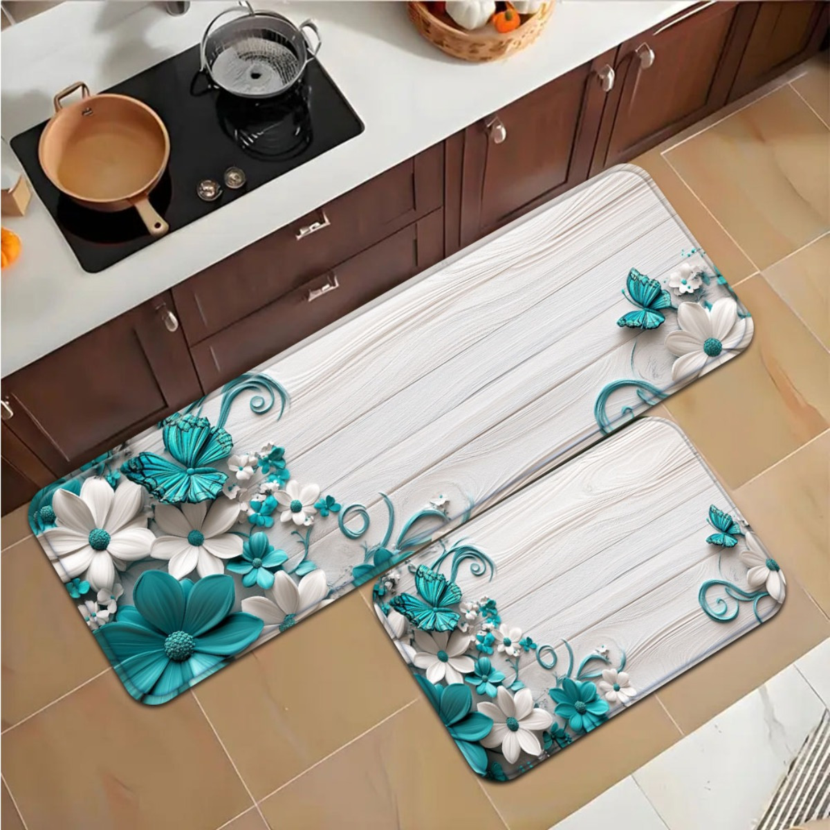 TEMU 2/3 pièces, Ensemble de Tapis de Cuisine Imprimé 2D Plat en Teal et Blanc à Motif Floral - Tapis Absorbants Antidérapants pour Confort et Style,
