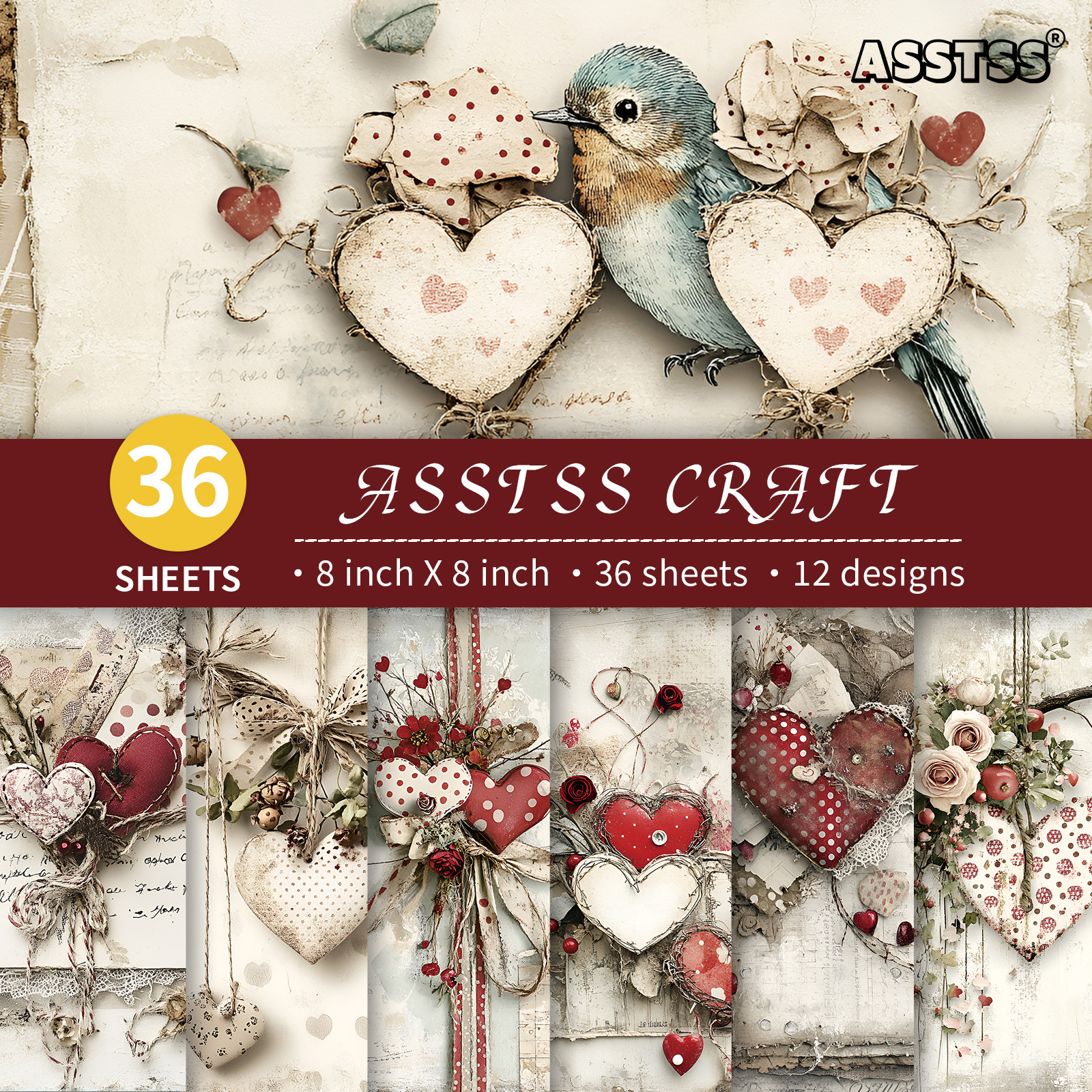 TEMU Bloc de Papier Scrapbooking 36 Feuilles 8*8 Pouces, Style et Nostalgique Cœur de la Saint-Valentin, Papier de Fond en Carton Épais pour