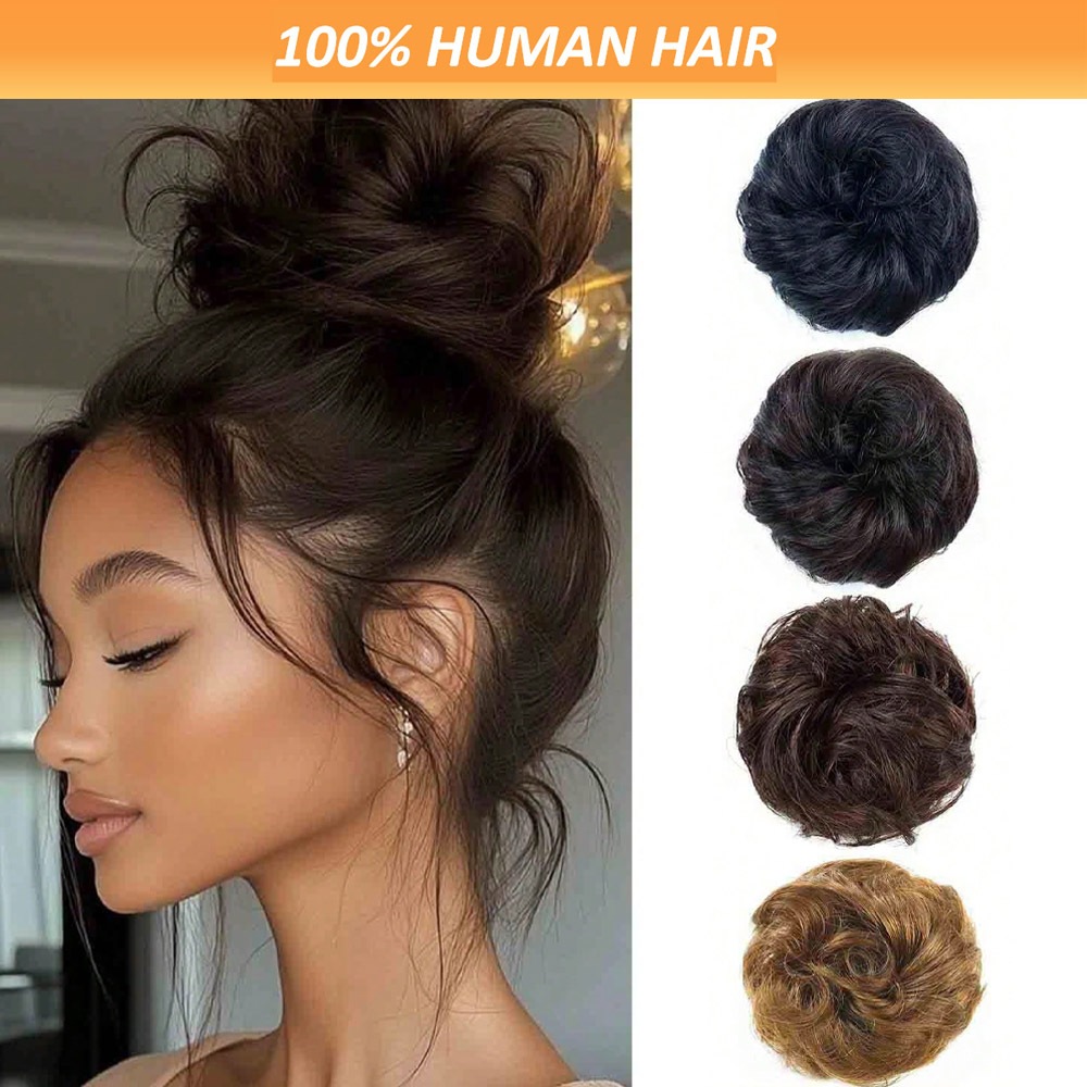 Messy Bun Hair Piece Human Hair Wavy Stretchy Real Human Hair Scrunchies Hair Bun Donut Elegant Chignon with Elastic Rubber Band Human Hair Tousled Updo Extension Elegant Human Hair Buns