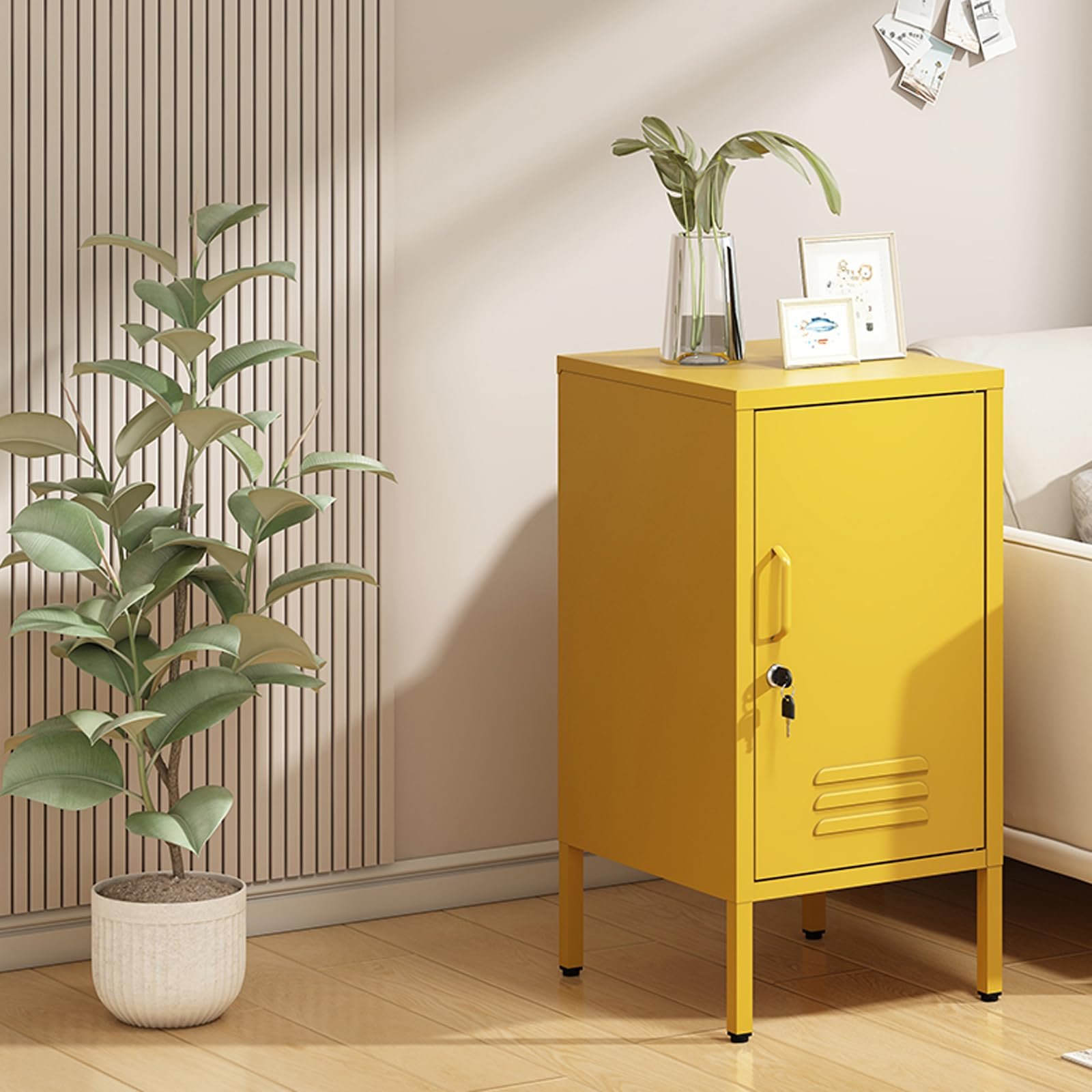 Metal Office Filing Cabinet, Lockable Storage Cabinet with 2 Adjustable Shelves for Documents, Modern Steel Side Table with Lock for Home Office, Bedroom Nightstand, Secure Ventilated Locker