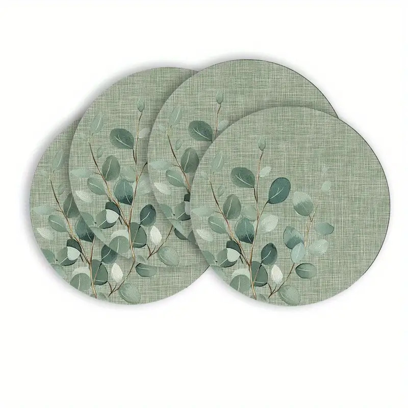 4pcs Round Placemats- Muted Eucalyptus Green Textured Polyester Table Mats, 38.1cm Watercolor Eucalyptus Branch Design, Machine Washable For Kitchen Dining Party Decor, Elegant Tableware