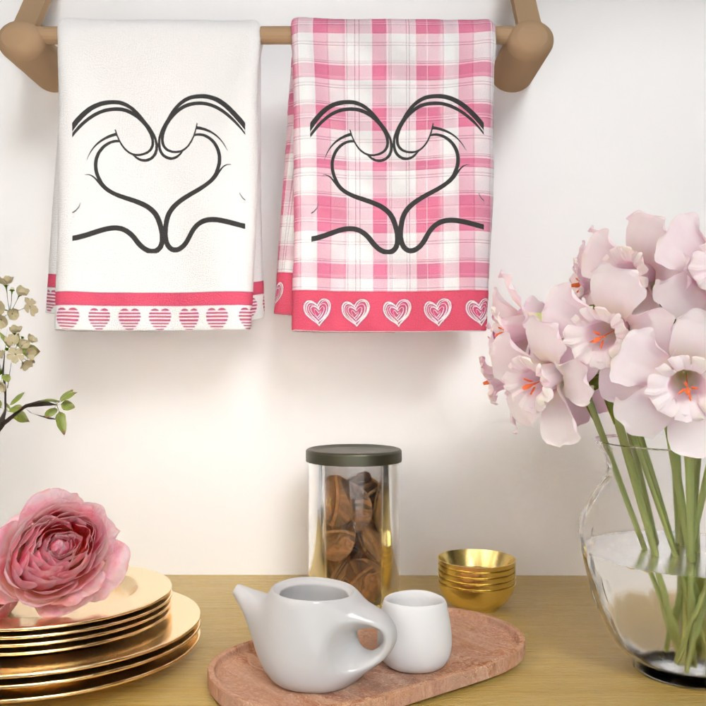 2pcs valentine s day heart-themed towels, 45.72x66.04cm, soft &   polyester,   checkered with  ,   for   use, machine washable - ideal for kitchens, bathrooms, offices details 3