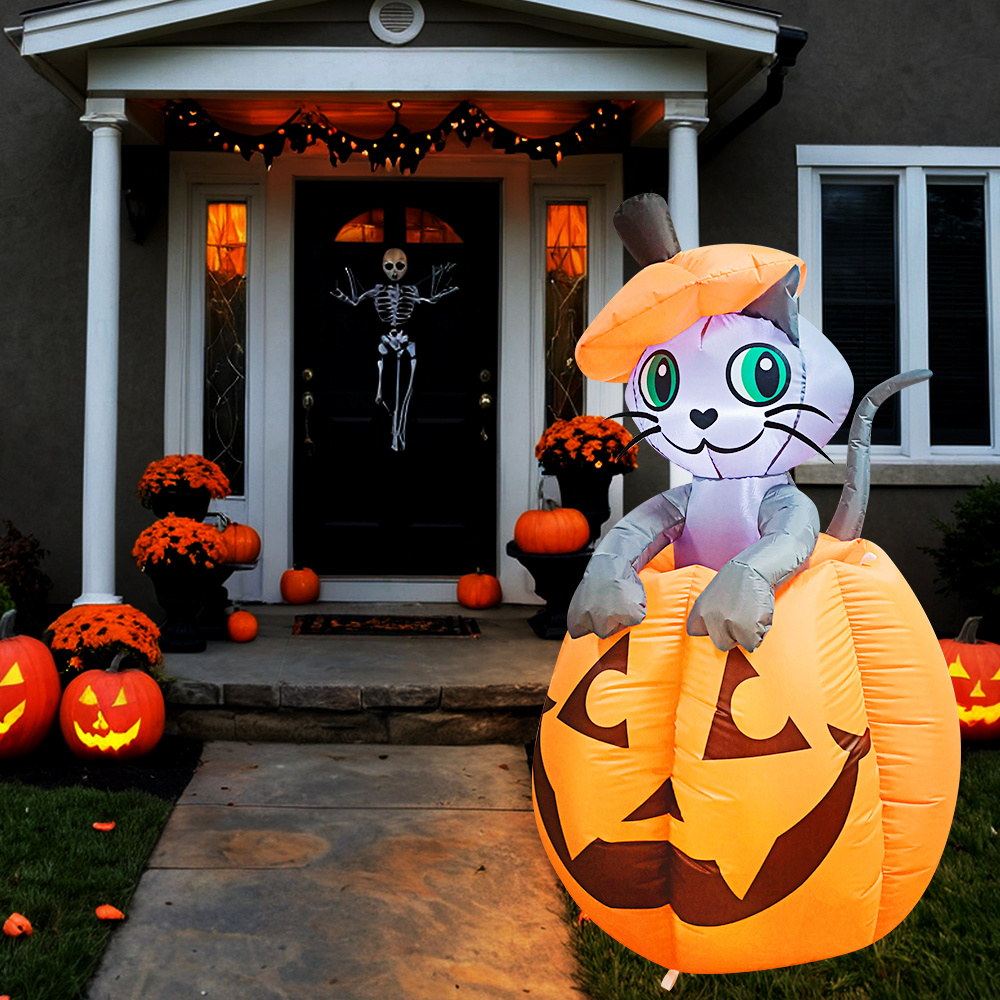 5ft halloween inflatable outdoor decorations animated cat on pumpkin with leds plug powered pvc yard decoration for spooky halloween party halloween decorations Product details 0