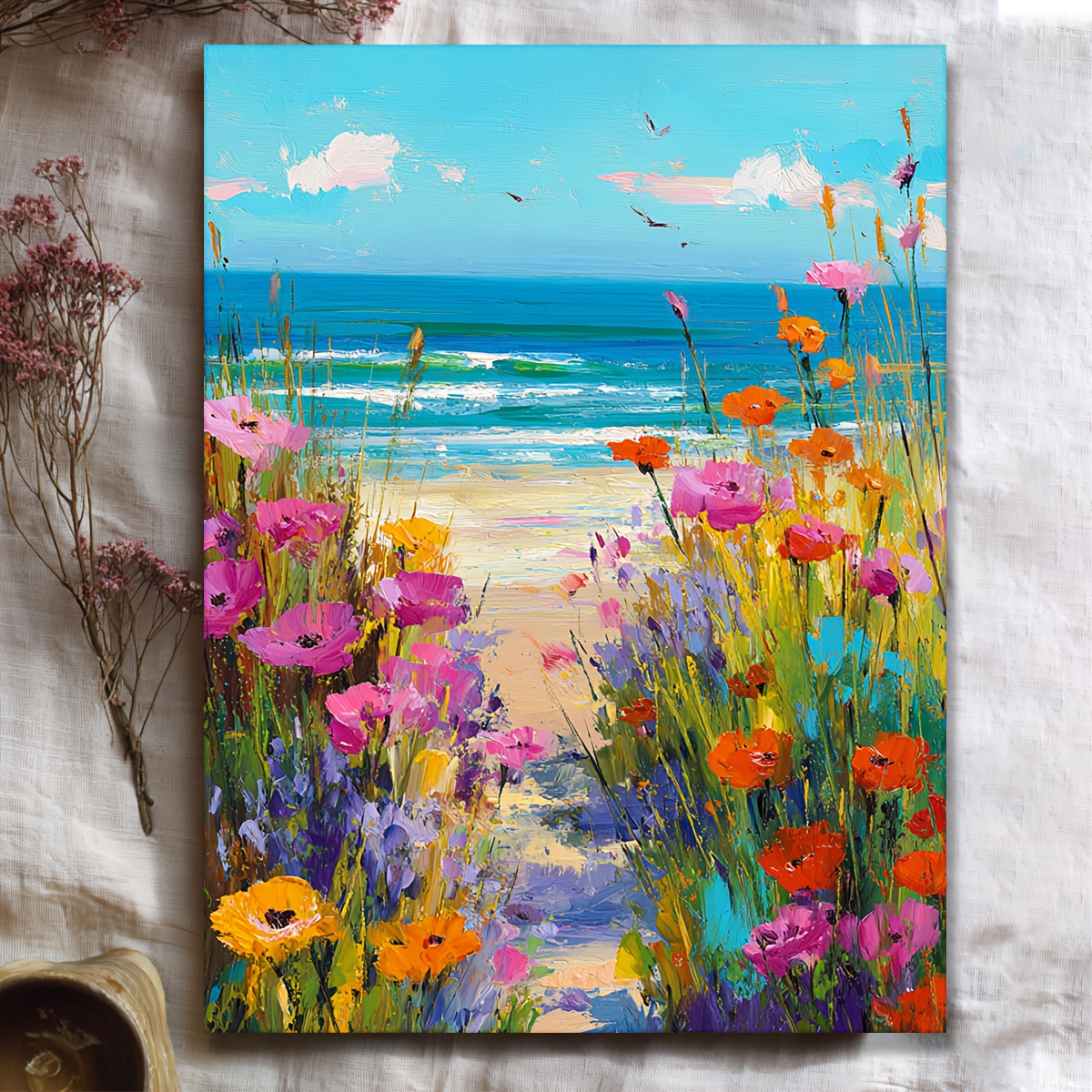 TEMU 2d Flat, 2d Flat, 1pc Wrapped Wooden Decorative Artwork, Featuring Humorous Manga-style Vibrant Coastal Canvas Art. This Beach Landscape